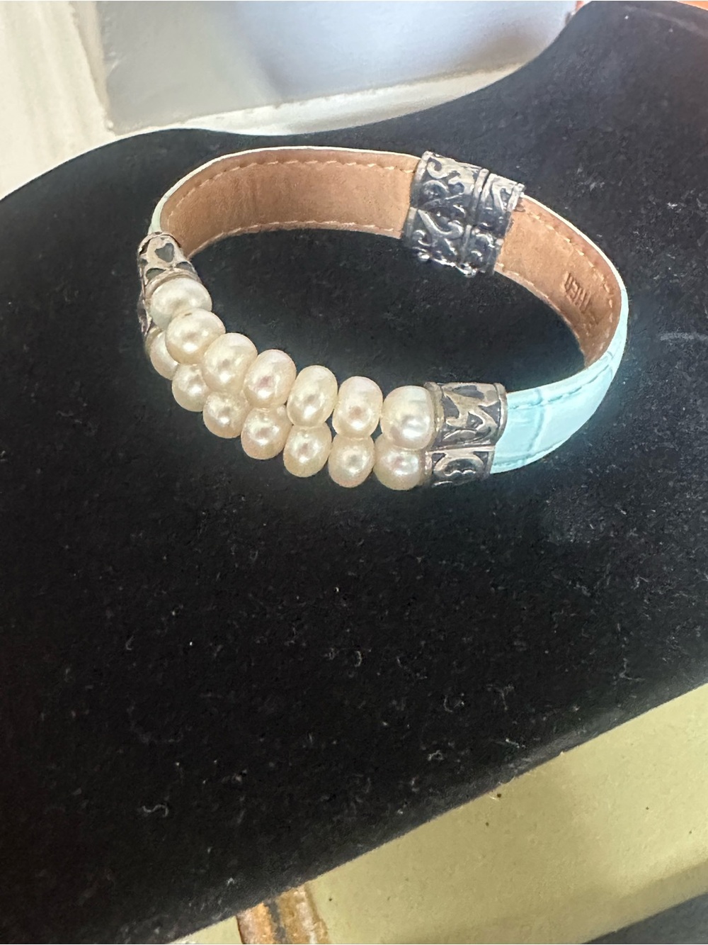 Honora Light Blue Leather Bracelet with Pearl Row and Silver Accents